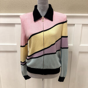 Vtg St. John Sport Wool Knit Bomber Jacket Size:S Color Block Geometric Pockets